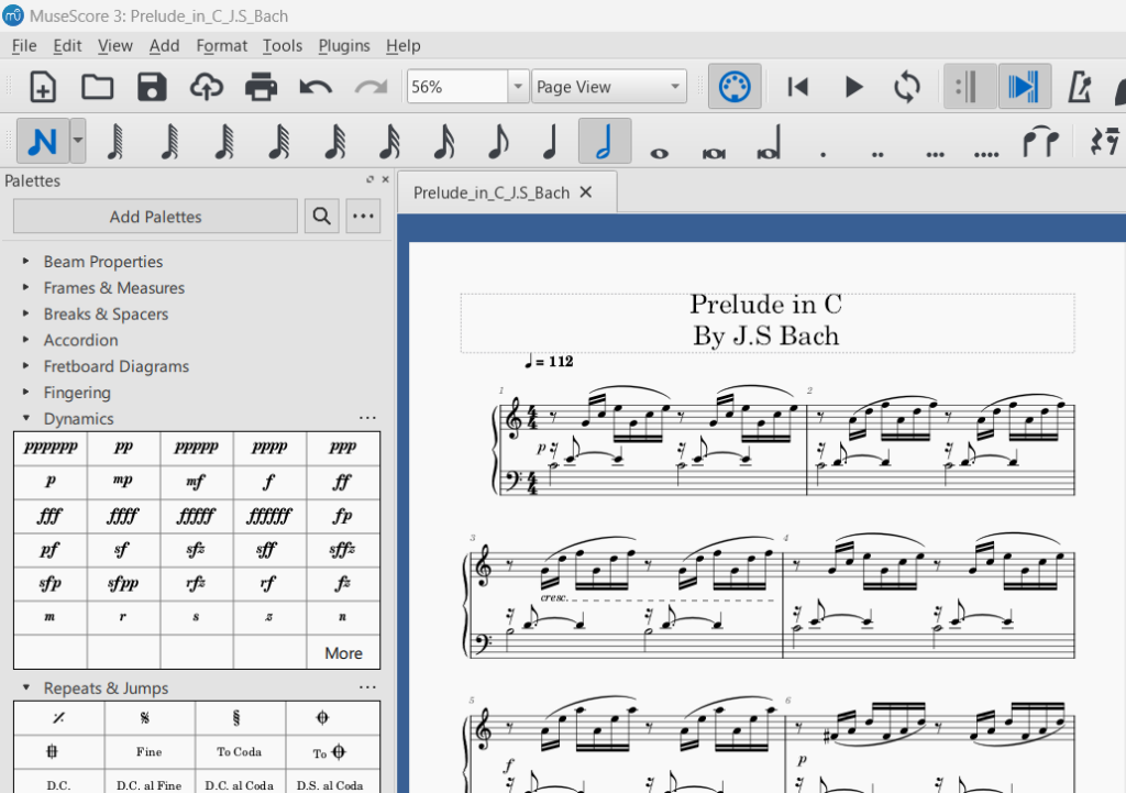 Typing the entire Prelude in C by J.S Bach into musescore.