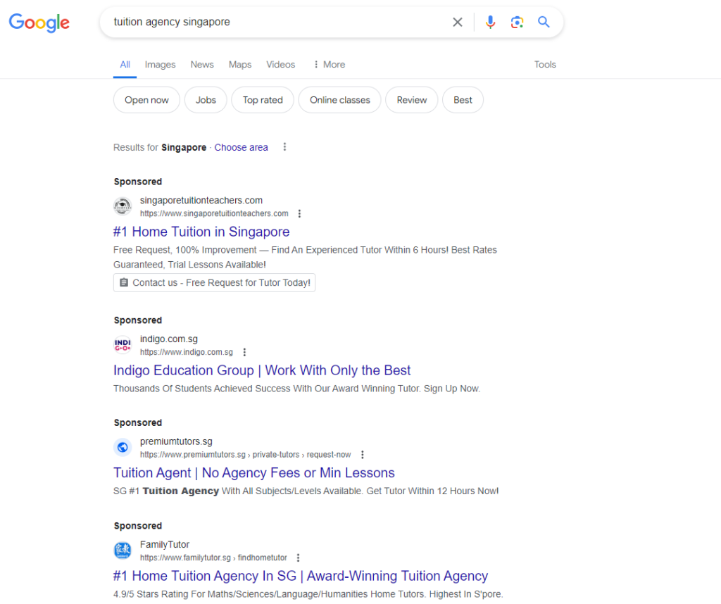 Google search on the tuition agencies in Singapore